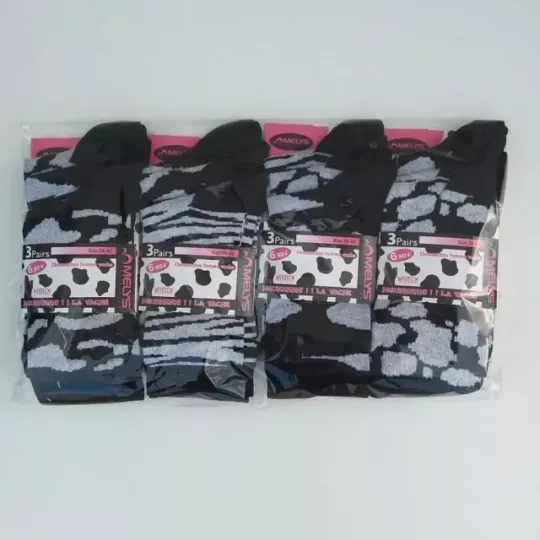 Lot de 12 Paires Chaussettes Femmes Mi Hautes  Imprimé Animaux Noires Lot Fournie
