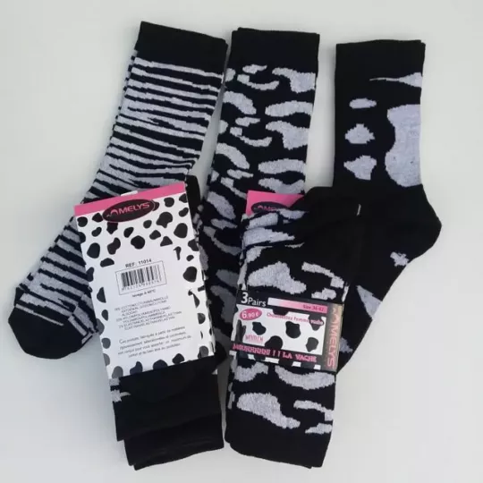 Lot de 12 Paires Chaussettes Femmes Mi Hautes  Imprimé Animaux Noires Etiquettes