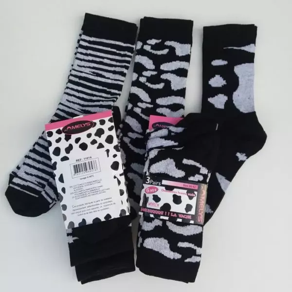 Lot de 12 Paires Chaussettes Femmes Mi Hautes Imprimé Animaux Noires Etiquettes