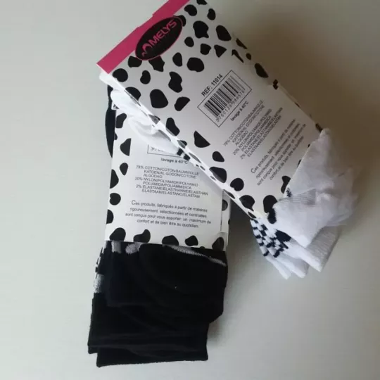 Lot de 6 Paires de Chaussettes Imprimés Animaux Blanche et Noire Etiquettes