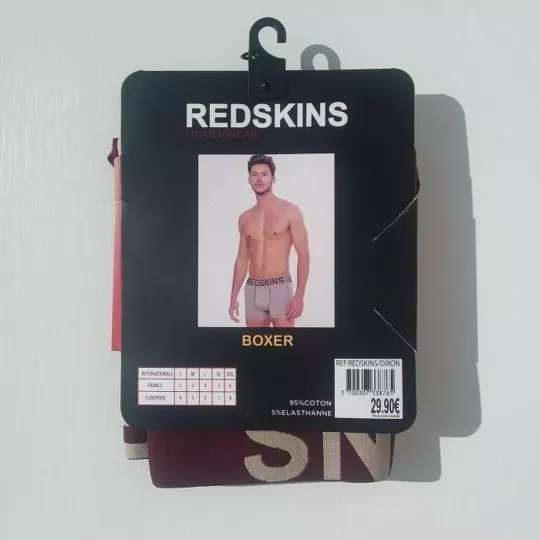 Caleçon Boxer Hommes REDSKINS du S au 2XL Bordeaux-Beige Etiquette