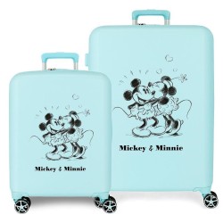 Lot Ensemble de 2 Valises à Roulettes Disney Mickey & Minnie Kisses Bleu Clair