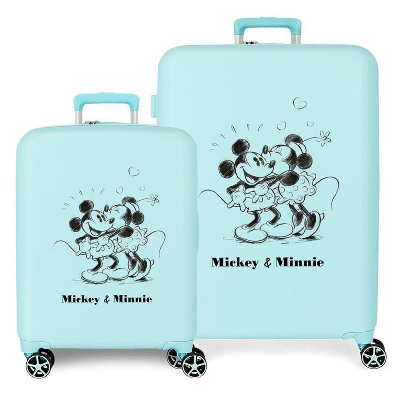 Lot Ensemble de 2 Valises à Roulettes Disney Mickey & Minnie Kisses Bleu Clair
